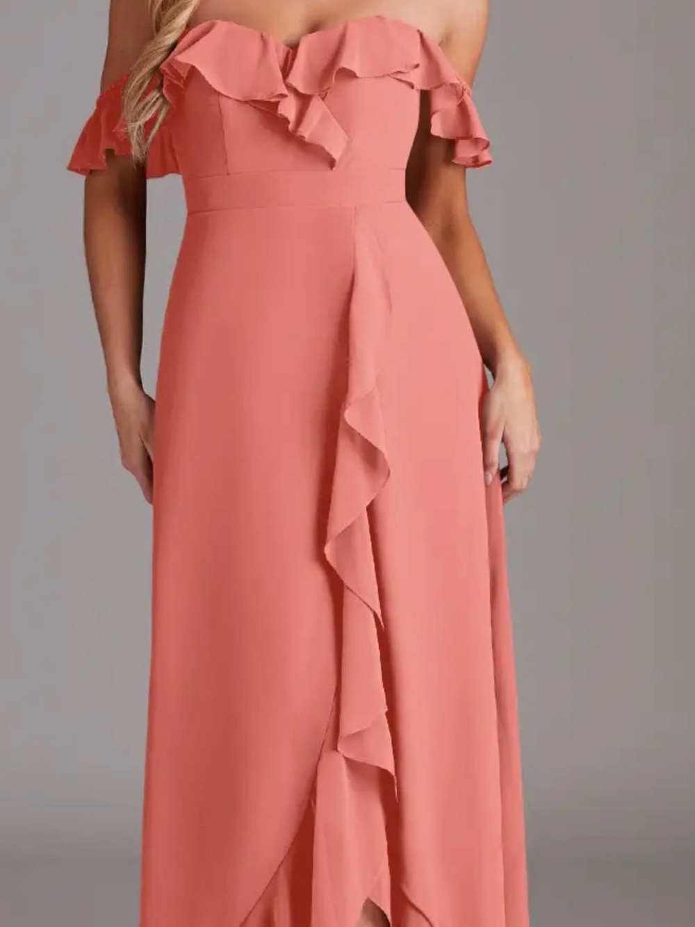 Azazie Coral Pink Off-Shoulder Ruffle Maxi Dress
